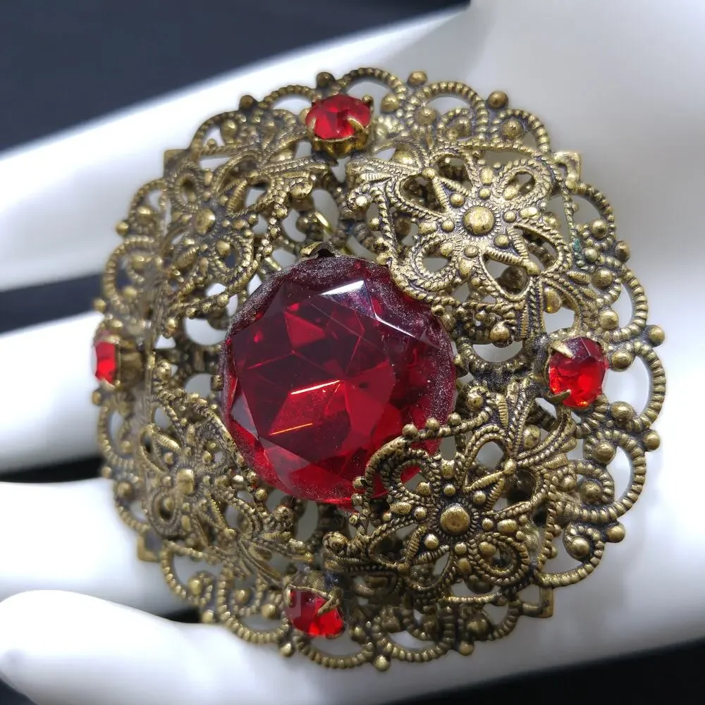 Red Rhinestone Filigree Brooch, Unmarked Germany or Czech, 1940s Vintage Jewelry